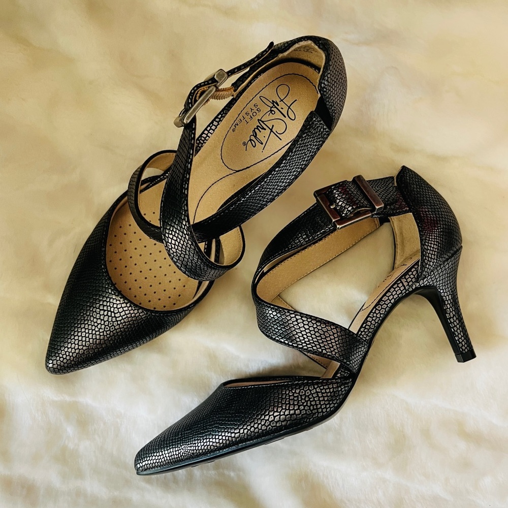 LIFE STRIDE - NEW! Dark Silver Black Cross Strap Heel